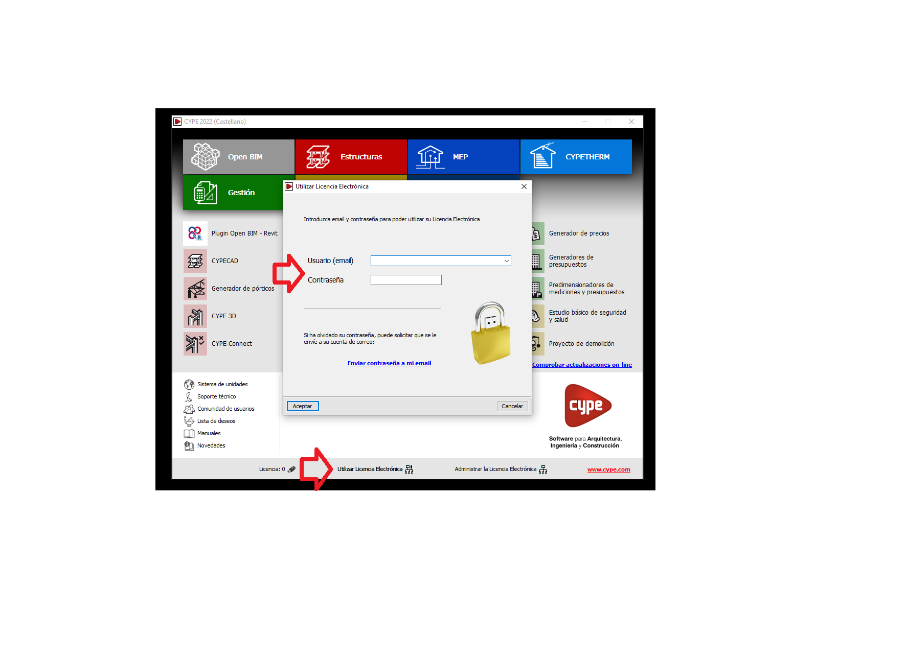 Imagen ejemplo de licencia temporal electrónica: usuario y clave. (revisar excel)